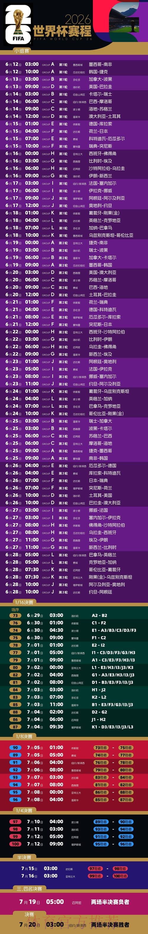 2026世界杯每日赛程高清版实时赛程怎么看